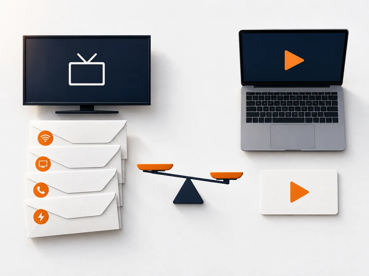 Recurring bill envelopes and a separate plan card are arranged for a careful cost comparison.