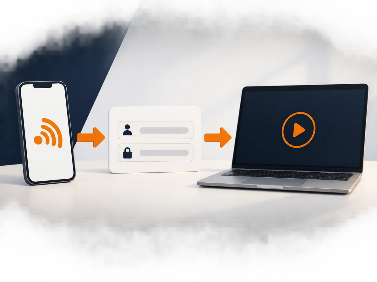 A device, separate login card and playback screen form a simple setup sequence.