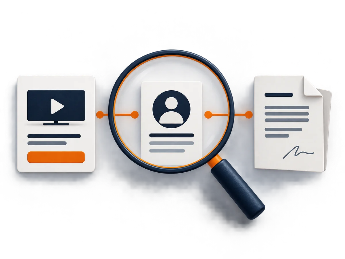 A magnifying glass examines the links between an offer card, seller card and terms document.