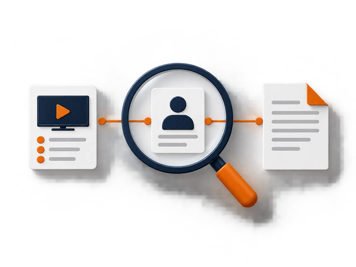 A magnifying glass examines the links between an offer card, seller card and terms document.