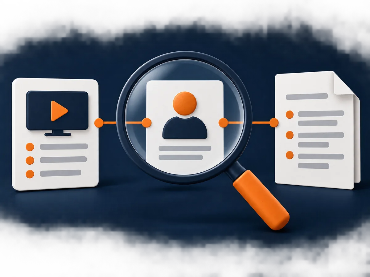 A magnifying glass examines the links between an offer card, seller card and terms document.