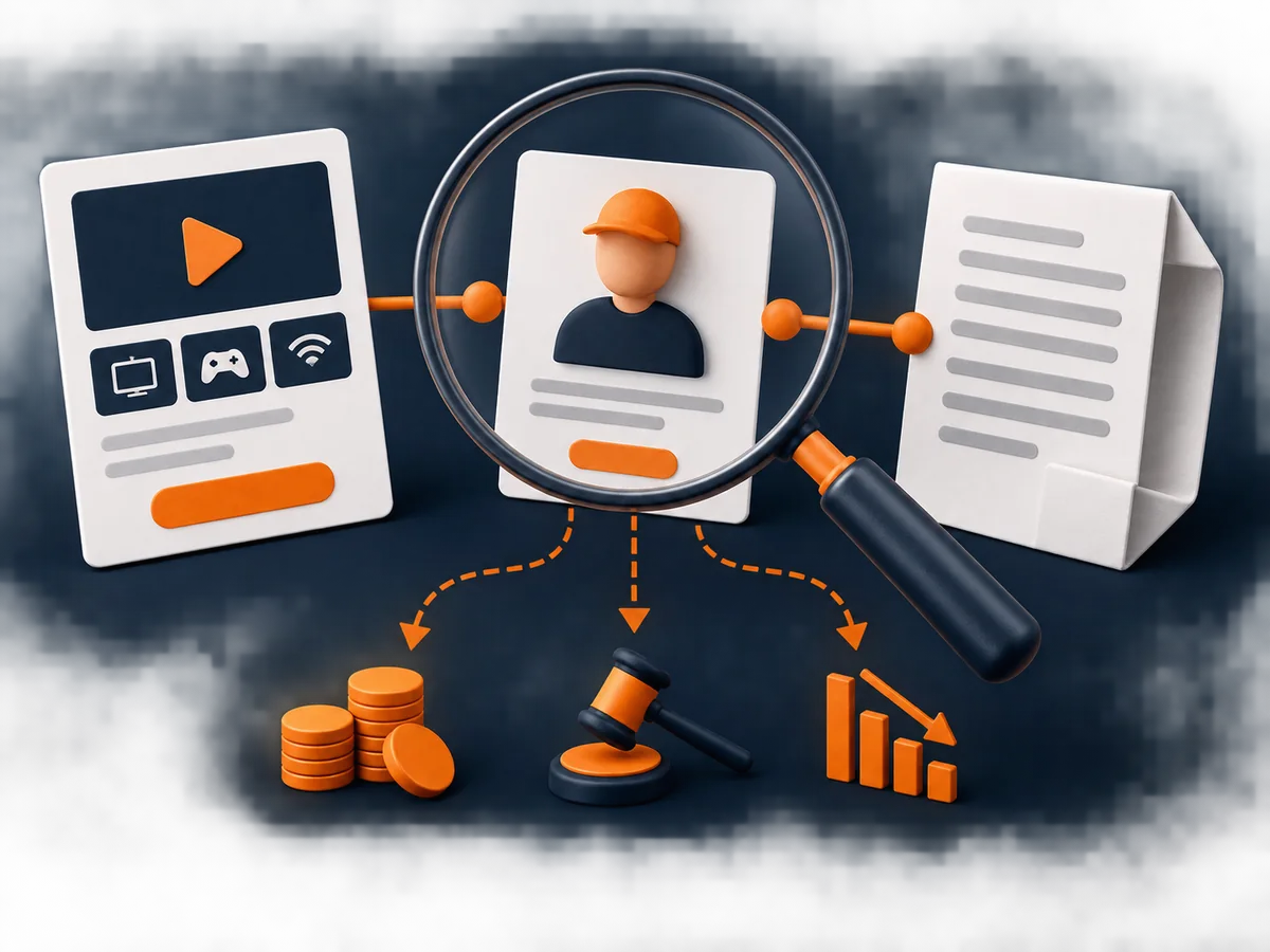 A service listing is inspected above generic symbols for financial, legal and service consequences.