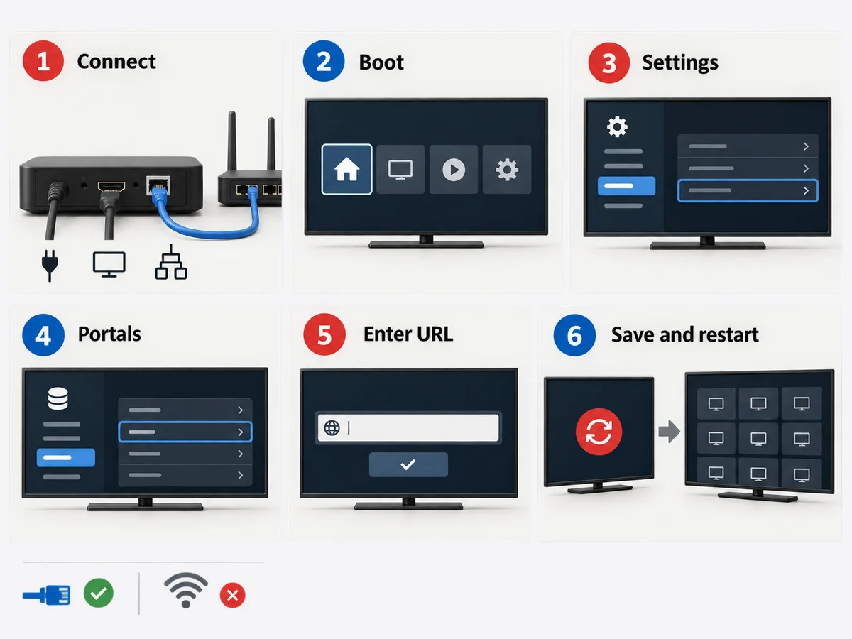 A device, separate login card and playback screen form a simple setup sequence.