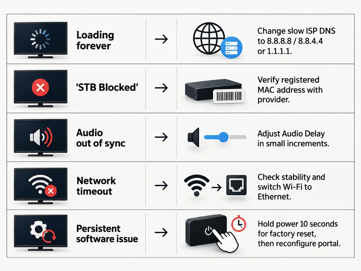 A branching diagnostic path separates device, network and account checks.