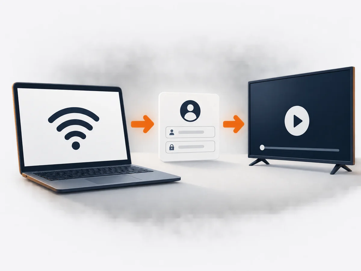 A device, separate login card and playback screen form a simple setup sequence.