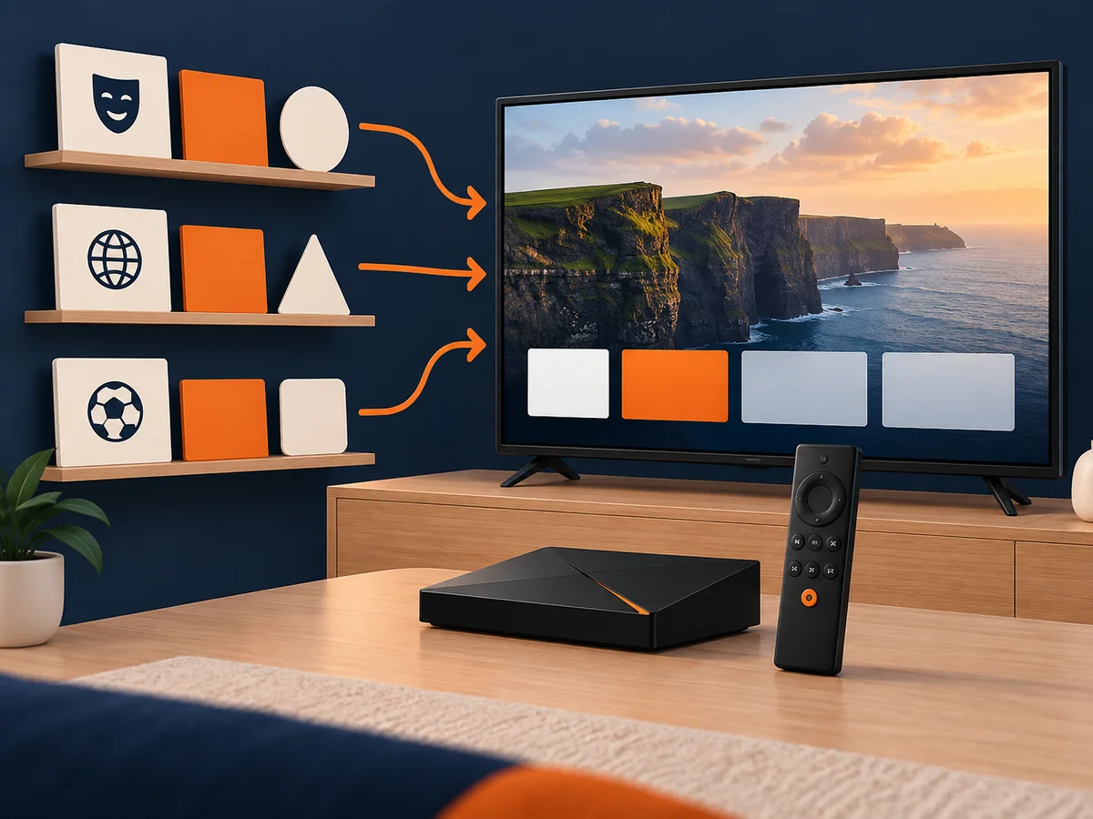 Abstract content shelves grouped by category sit beside a remote and one television.