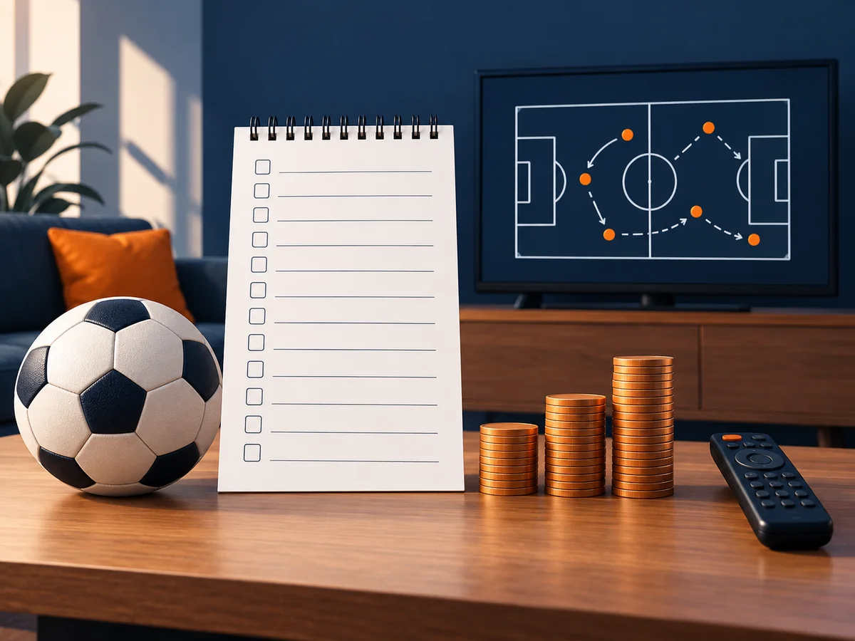 A neutral sports ball, schedule card and television illustrate pre-event viewing checks.