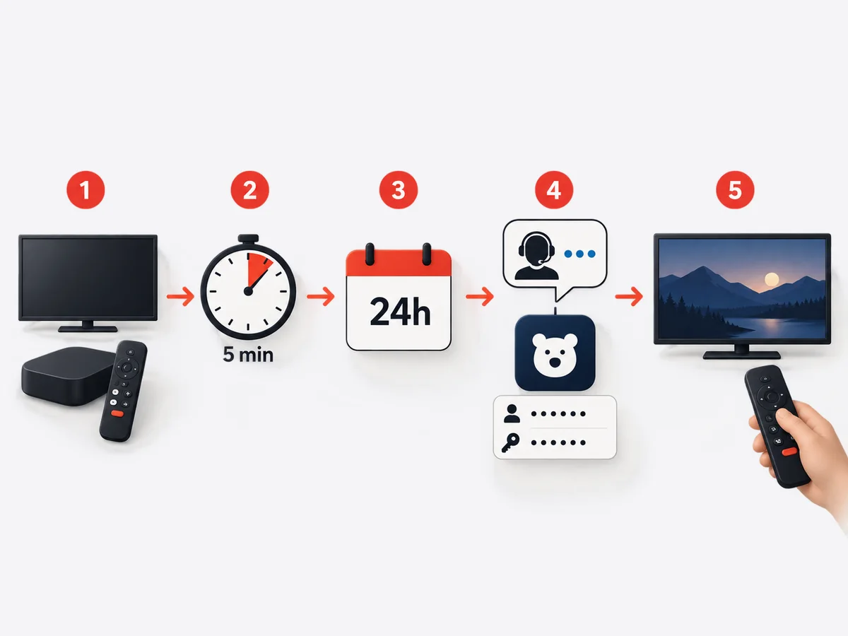 A blank trial checklist connects a television, router and remote for practical testing.