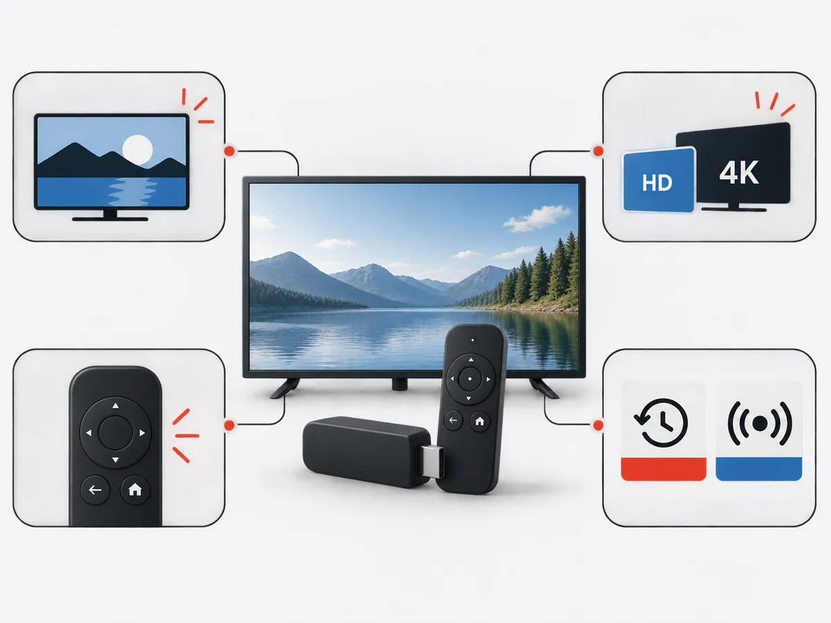 Three blank decision cards are arranged around one central viewing setup.