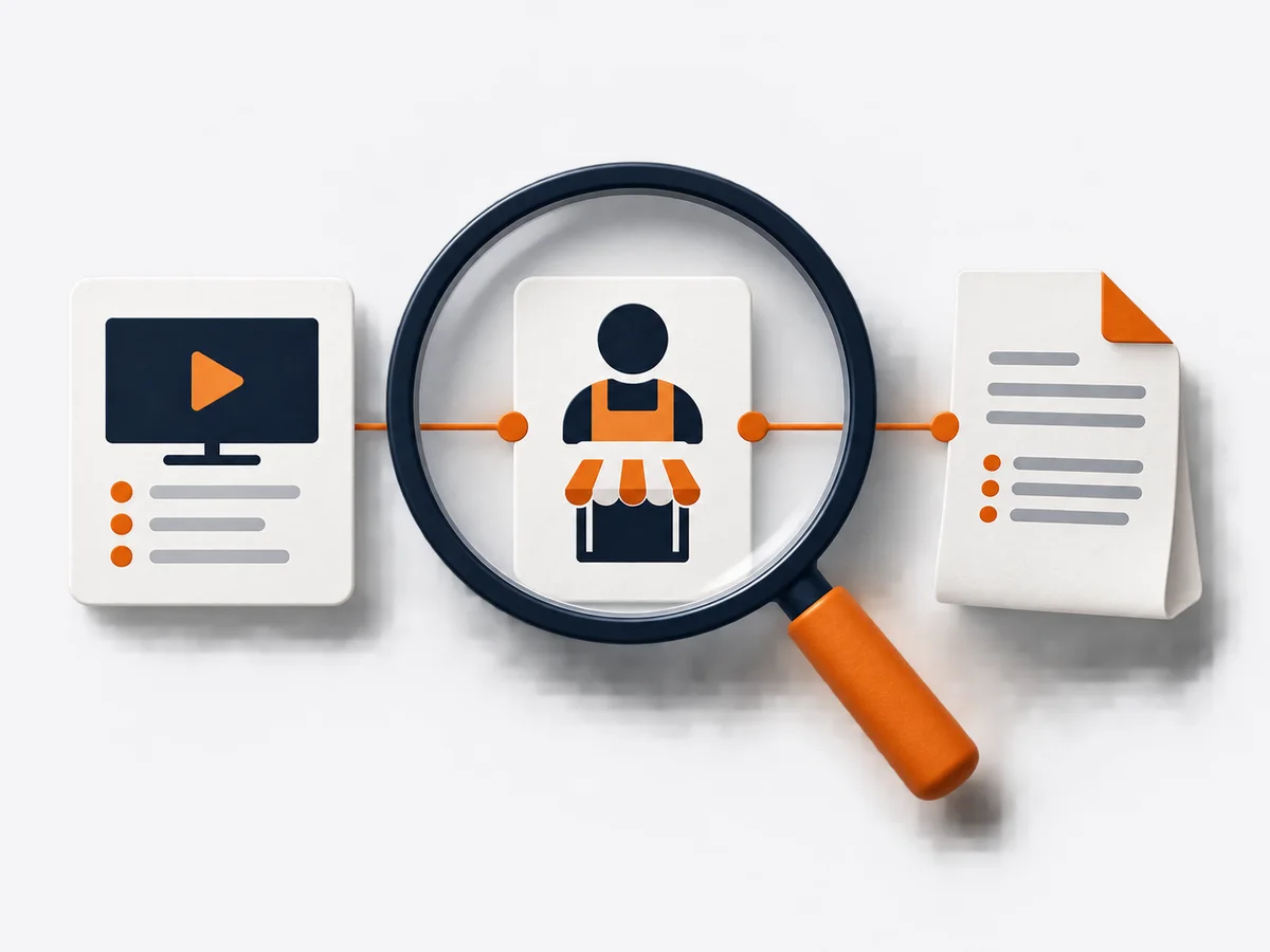 A magnifying glass examines the links between an offer card, seller card and terms document.