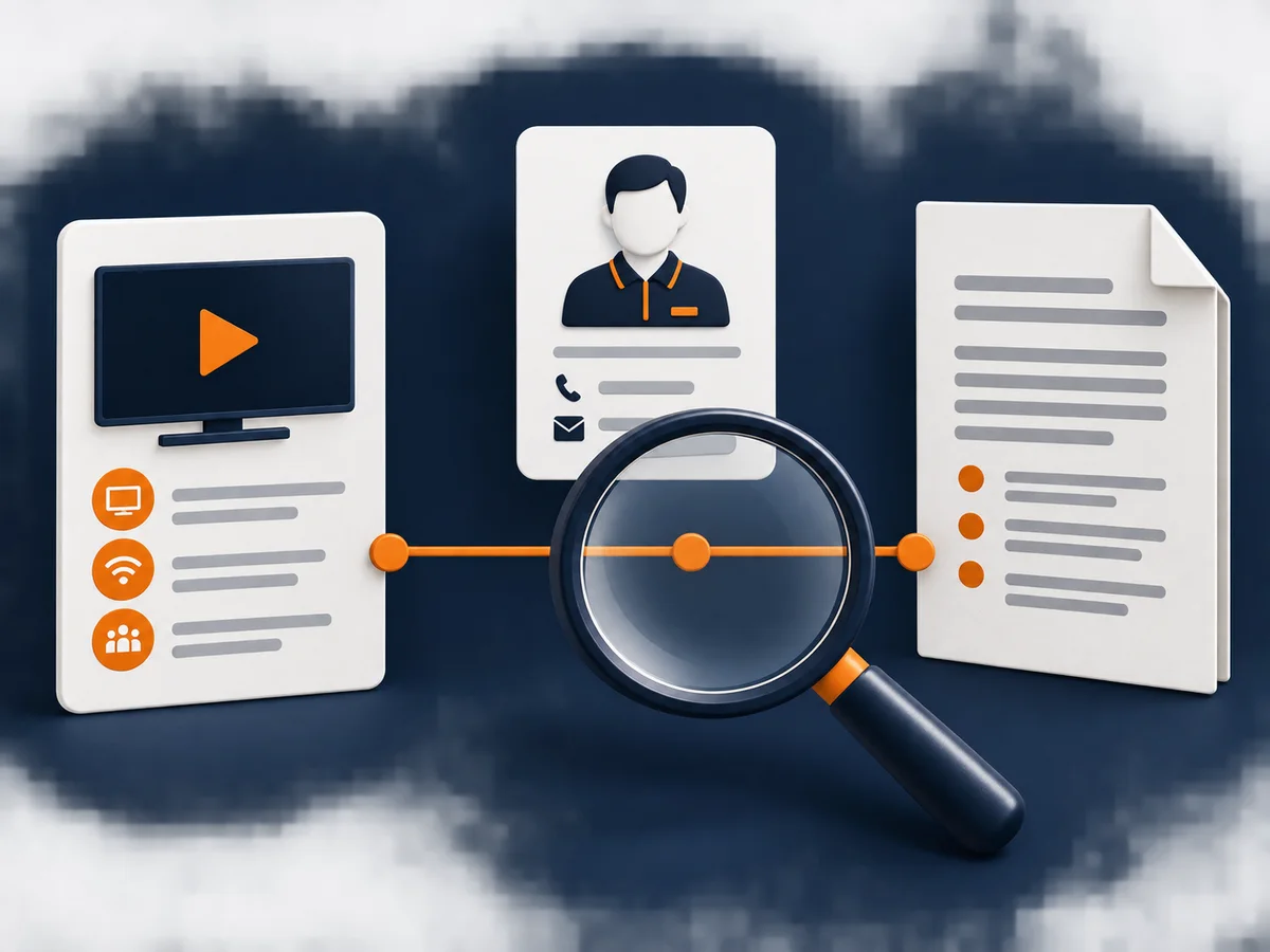A magnifying glass examines the links between an offer card, seller card and terms document.
