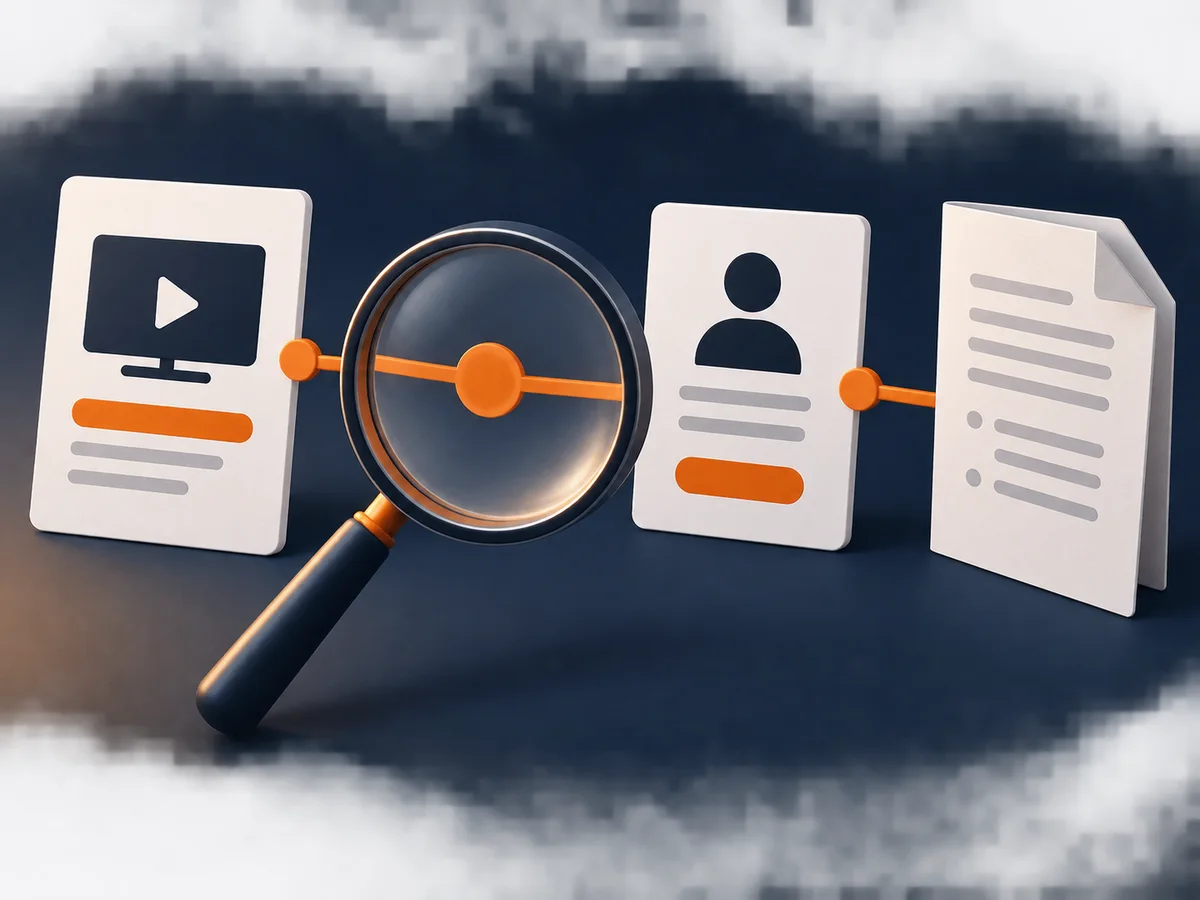 A magnifying glass examines the links between an offer card, seller card and terms document.