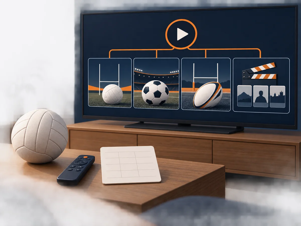 A neutral sports ball, schedule card and television illustrate pre-event viewing checks.