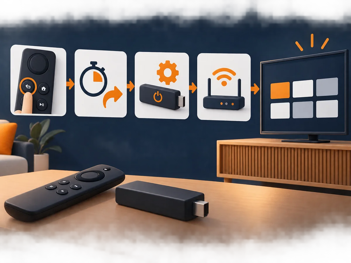 Abstract content shelves grouped by category sit beside a remote and one television.