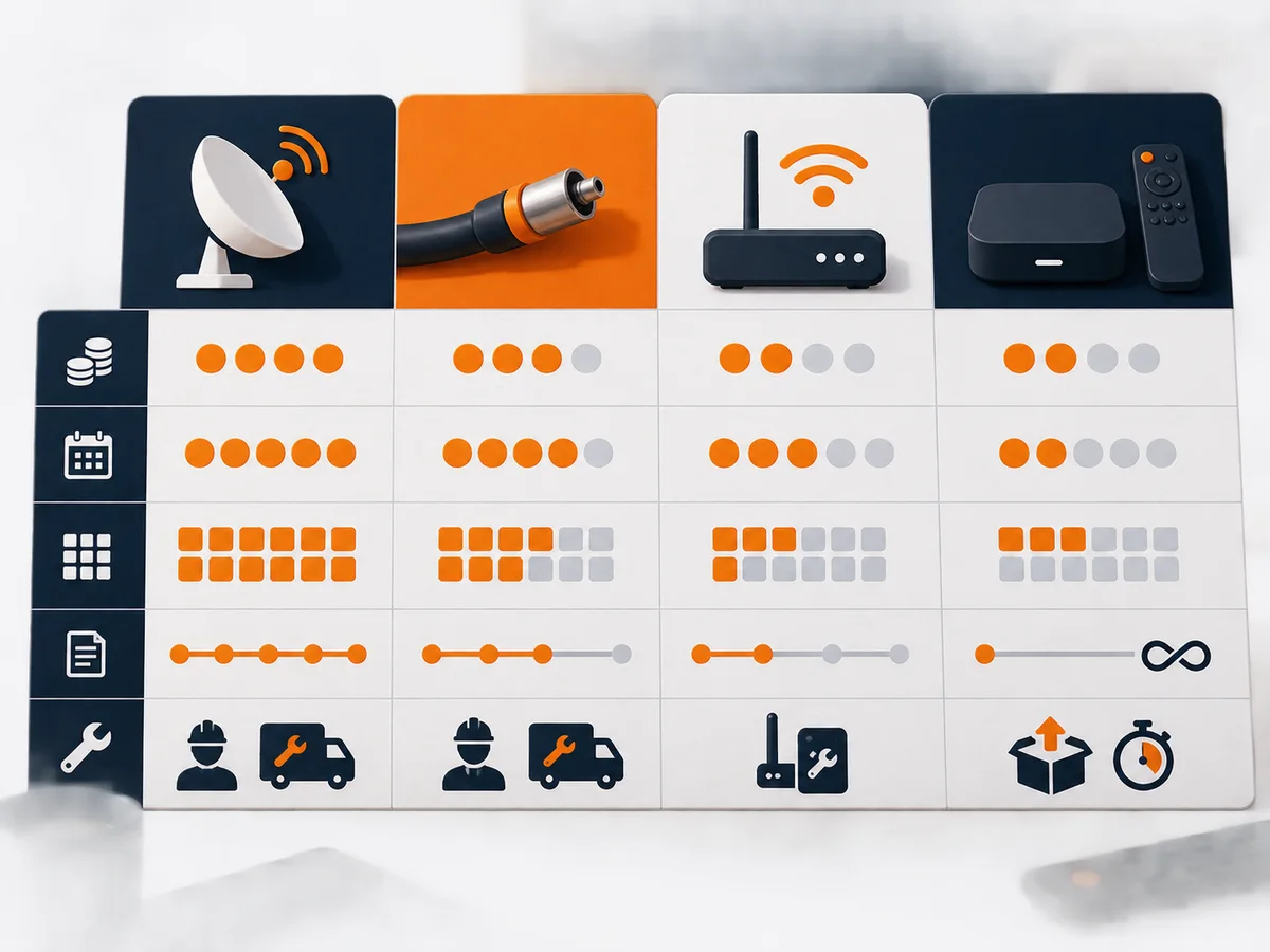 Two blank option cards share the same device, connection and support comparison markers.