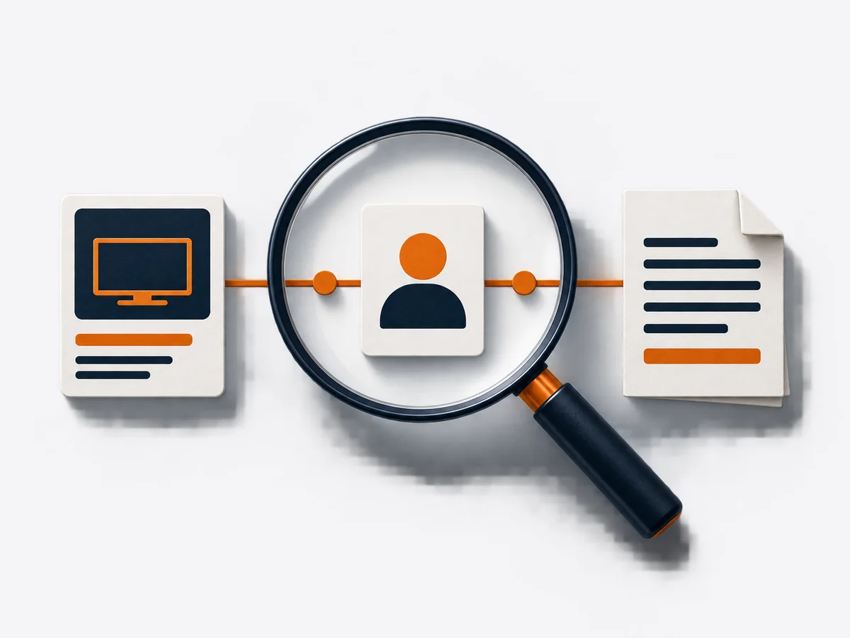 A magnifying glass examines the links between an offer card, seller card and terms document.