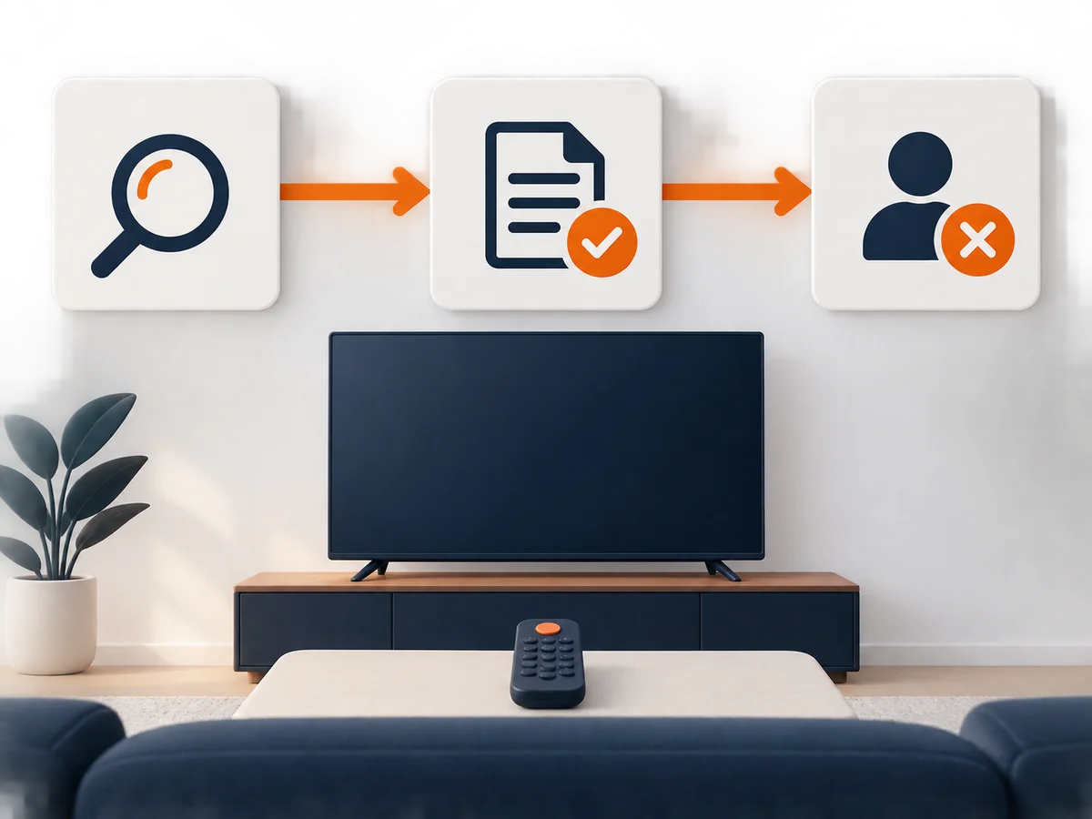 A terms review, cancellation document and closed account form a sequence above a television.