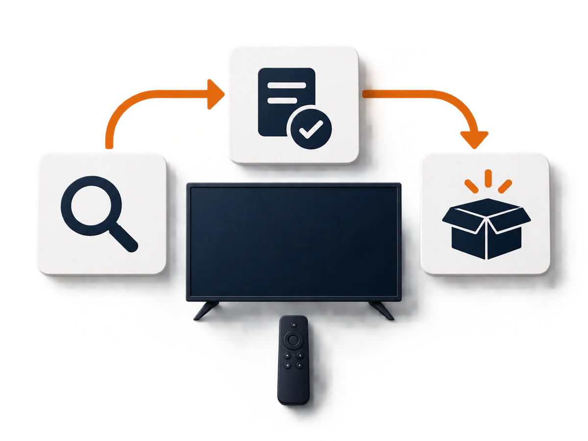 Three blank decision cards are arranged around one central viewing setup.