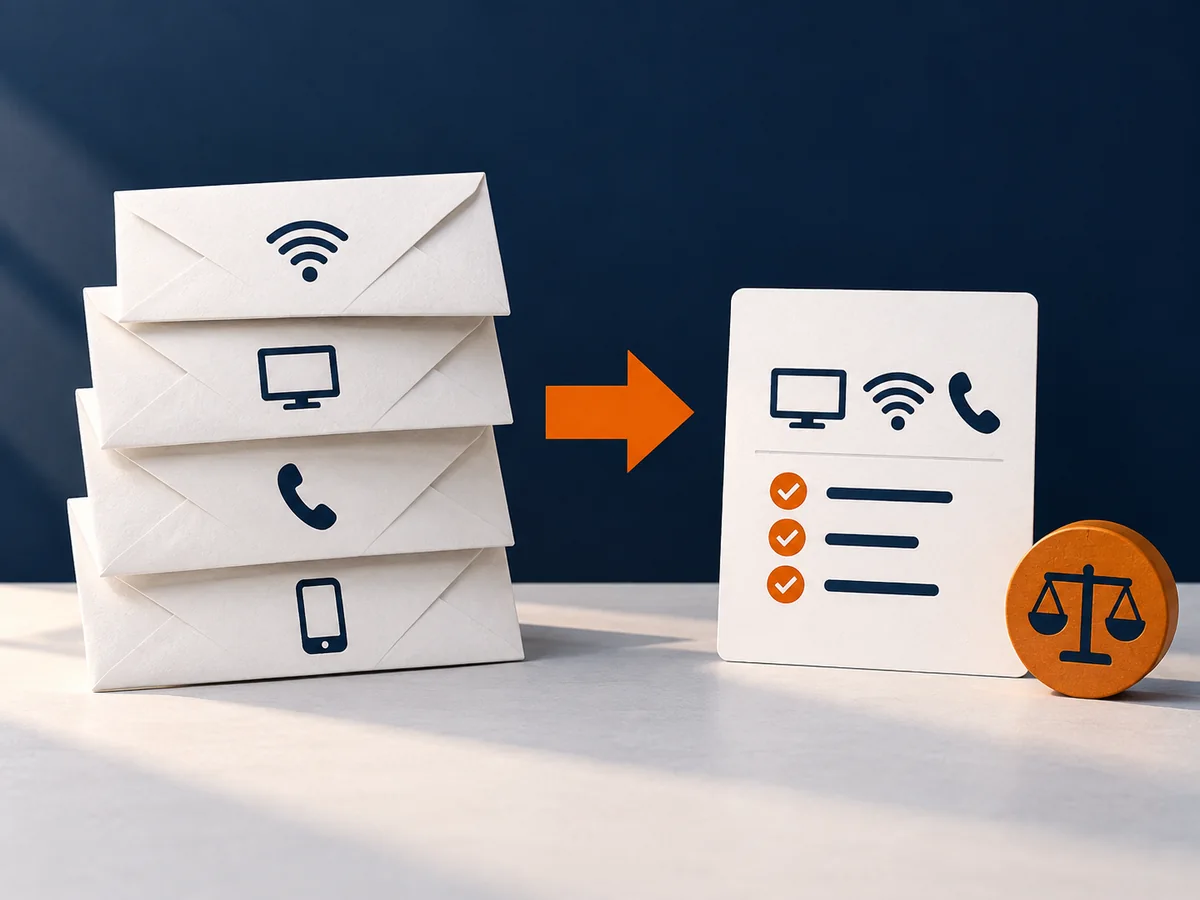 Recurring bill envelopes and a separate plan card are arranged for a careful cost comparison.