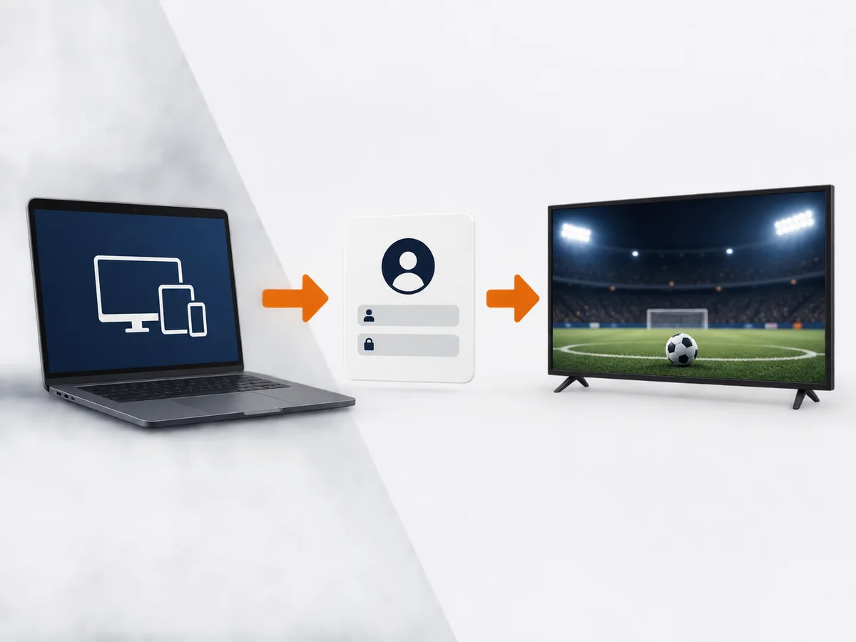 A device, separate login card and playback screen form a simple setup sequence.