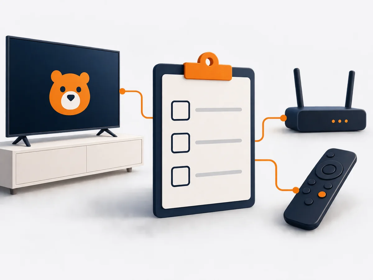 A blank trial checklist connects a television, router and remote for practical testing.