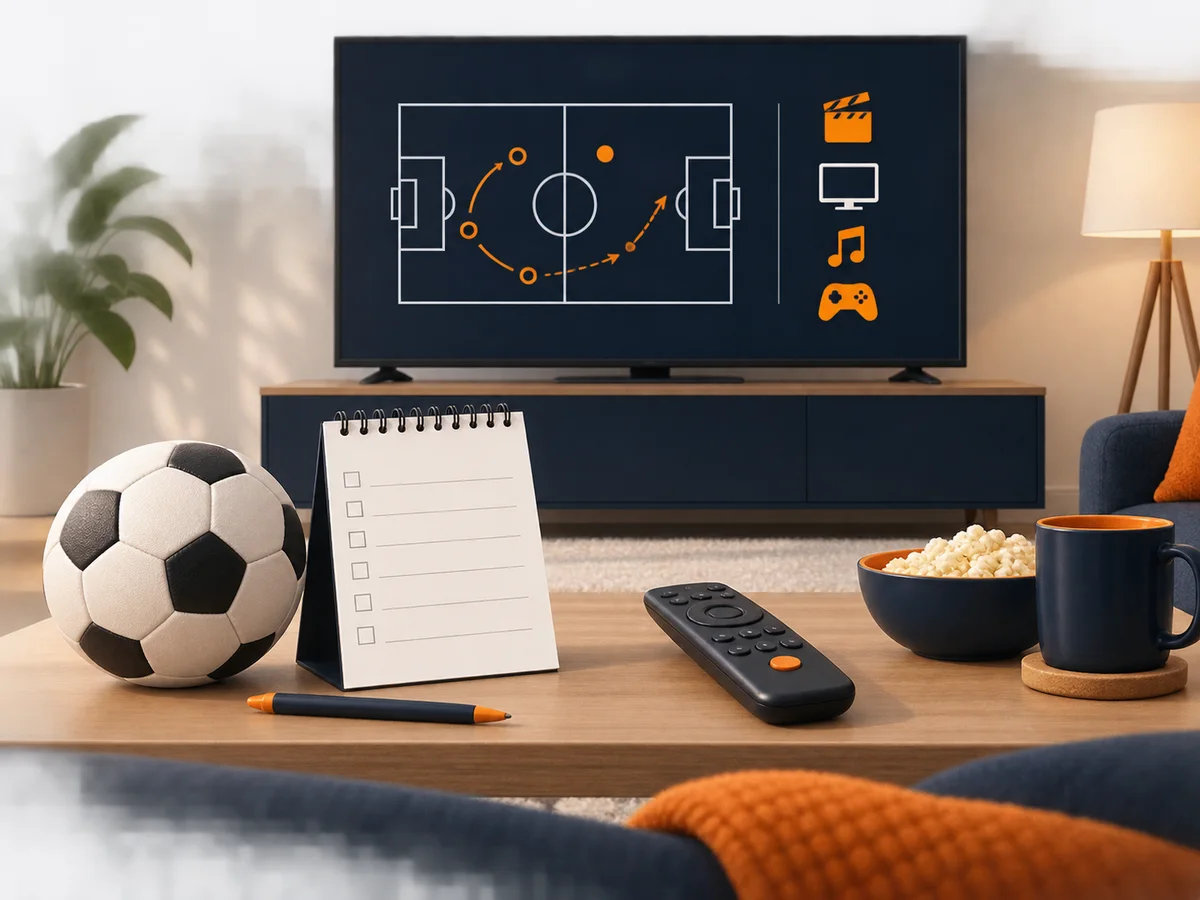 A neutral sports ball, schedule card and television illustrate pre-event viewing checks.