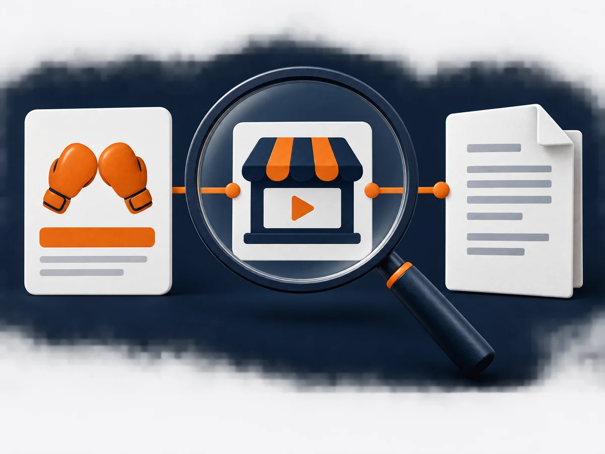 A magnifying glass examines the links between an offer card, seller card and terms document.