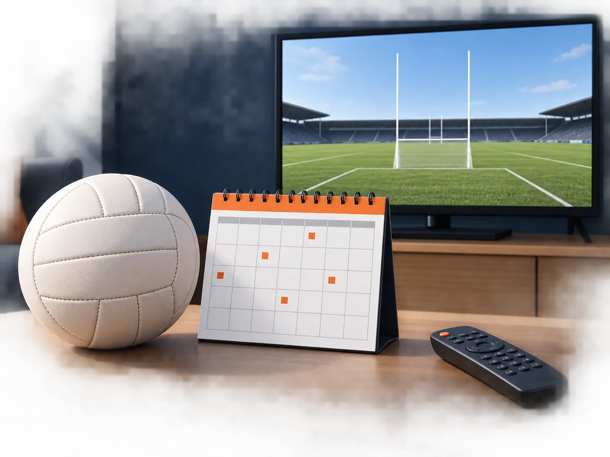 A neutral sports ball, schedule card and television illustrate pre-event viewing checks.