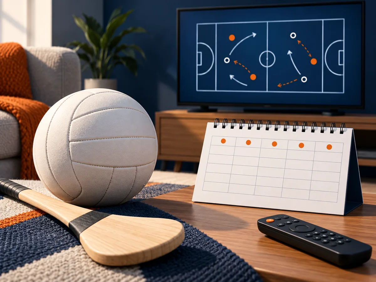 A neutral sports ball, schedule card and television illustrate pre-event viewing checks.