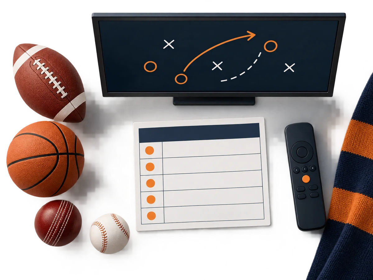 A neutral sports ball, schedule card and television illustrate pre-event viewing checks.