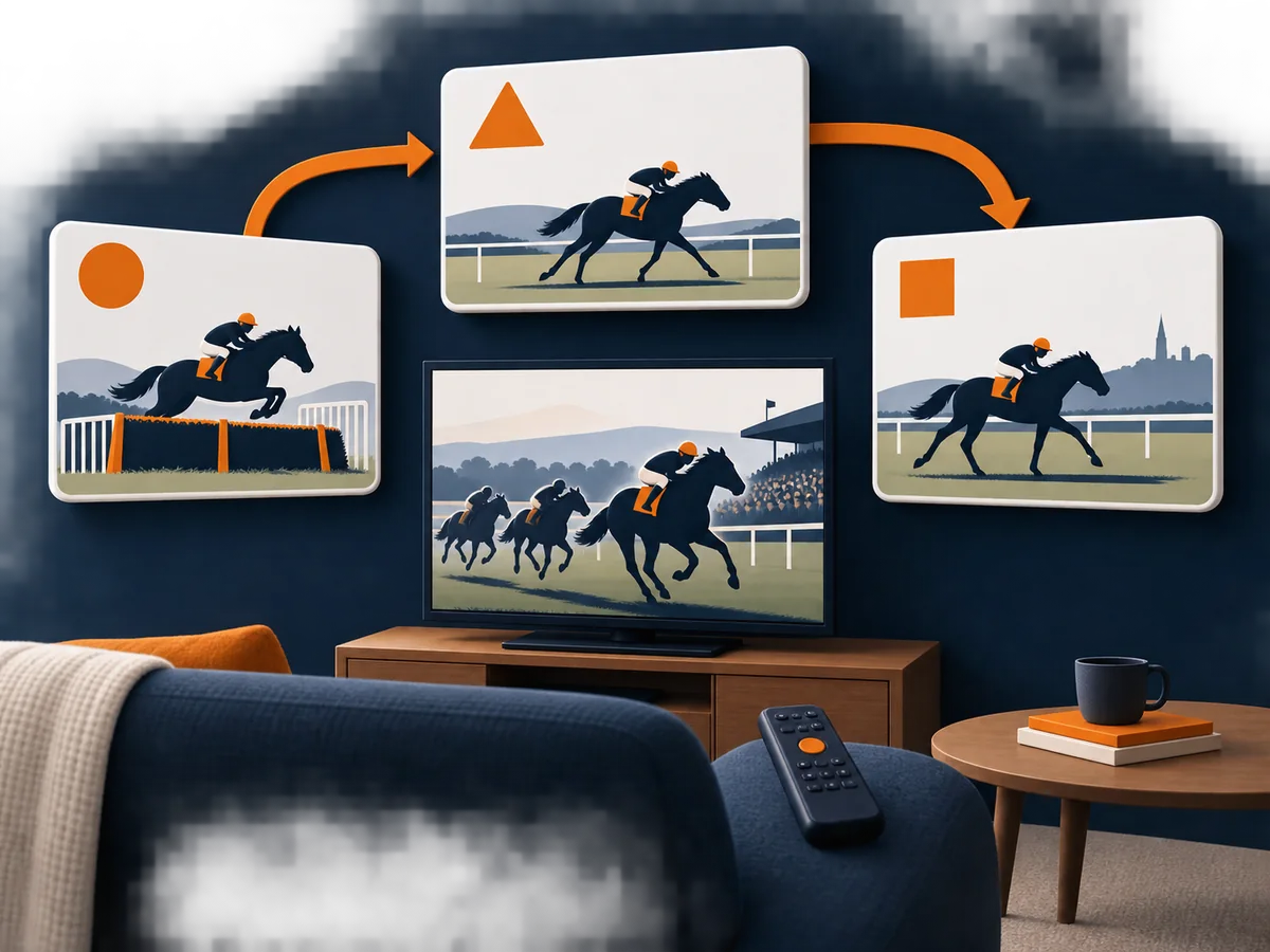 Three stylized racing scenes lead toward a television and remote without team, sponsor or venue branding.