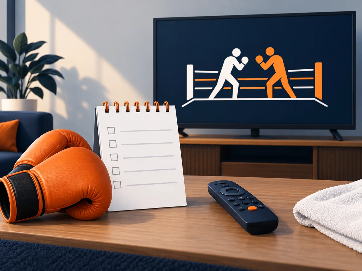 Boxing gloves, a blank event checklist, a remote and a stylized ring scene illustrate pre-event viewing checks.
