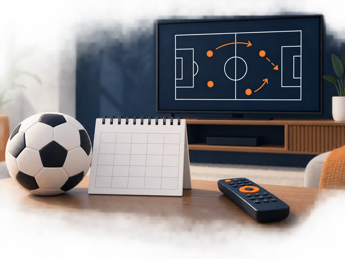 A neutral sports ball, schedule card and television illustrate pre-event viewing checks.