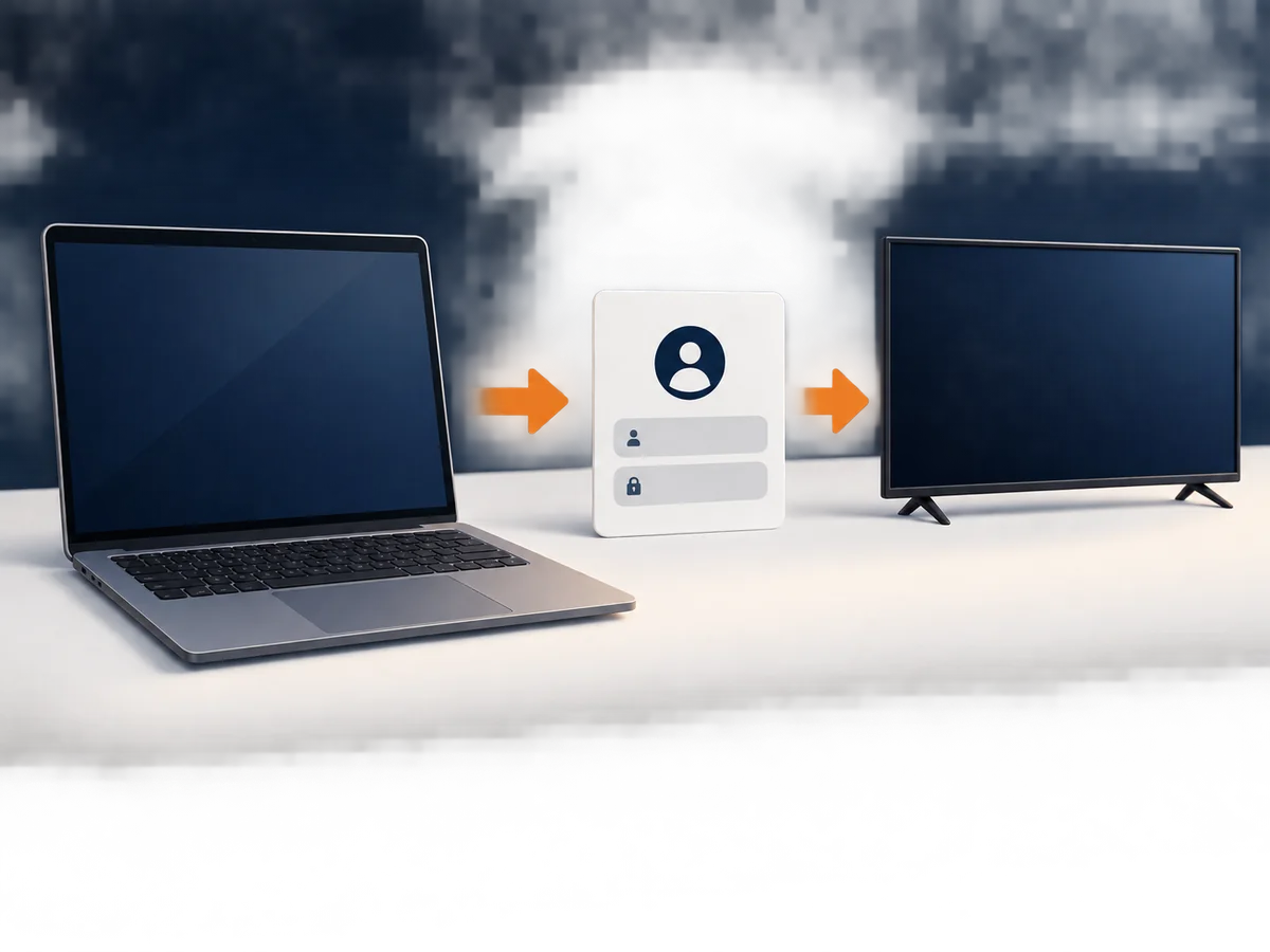 A device, separate login card and playback screen form a simple setup sequence.