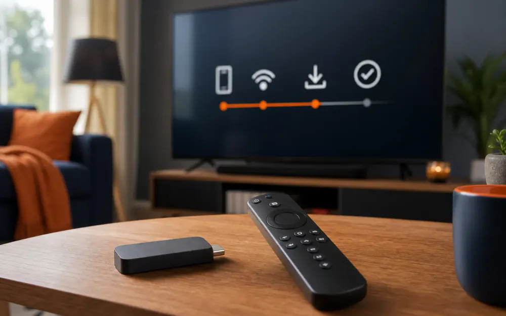 A streaming stick, remote, and smart telly setup progress screen in a sitting room