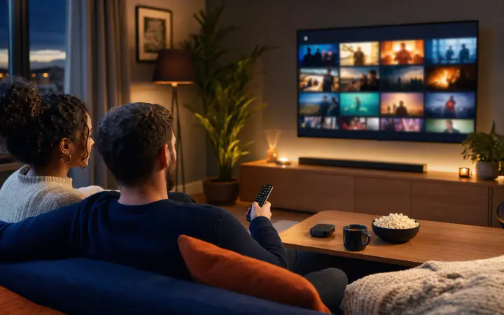 Irish couple choosing IPTV on a smart telly in a modern sitting room