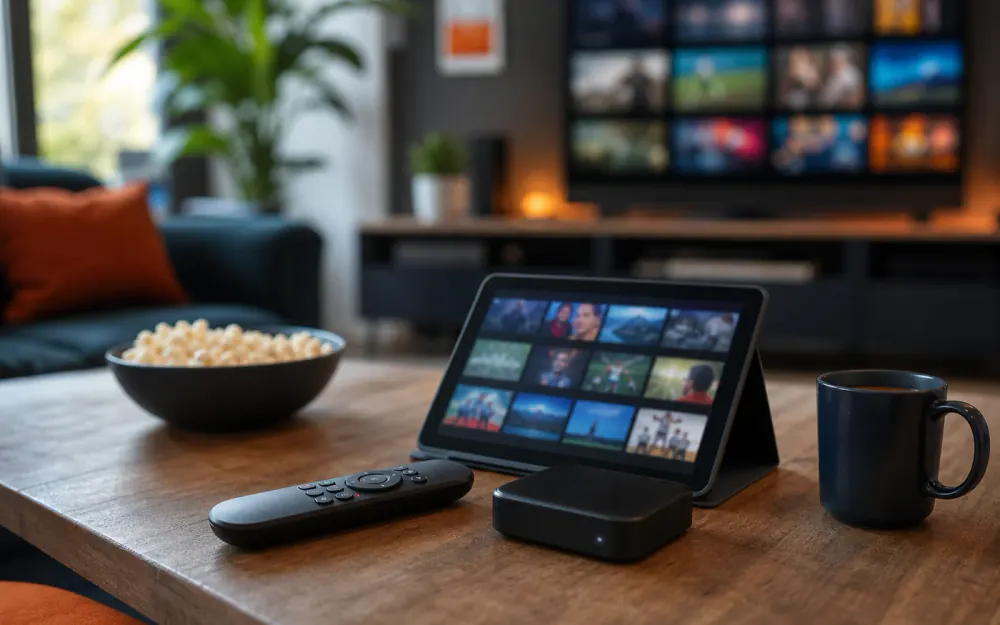 A streaming remote, IPTV device, and tablet with channel tiles in an Irish sitting room