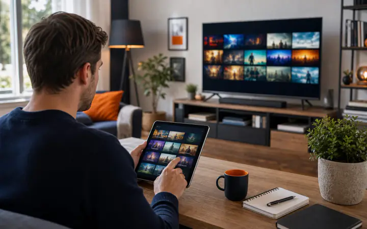 Téléspectateur comparant des vignettes de chaînes IPTV sur une tablette et une télé connectée