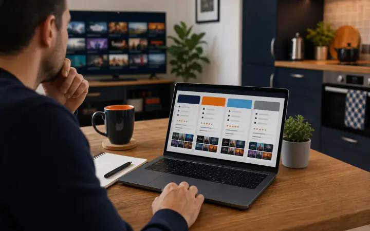 Banc d'essai IPTV irlandais avec ordinateur portable, notes et télé connectée en arrière-plan