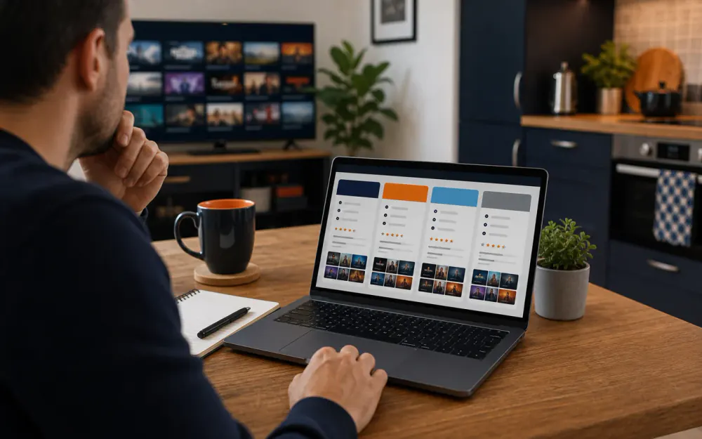 Irish IPTV review setup with laptop, notes, and smart telly in the background