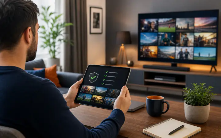 Spectateur comparant des offres IPTV légitimes sur une tablette dans un salon moderne