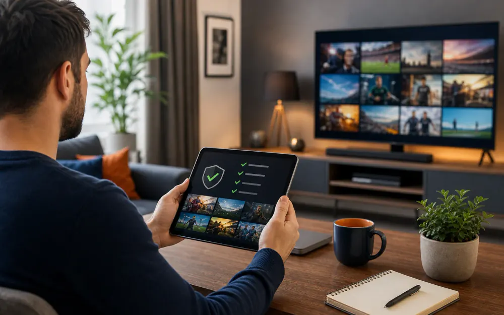 Viewer checking legitimate IPTV options on a tablet in a modern living room