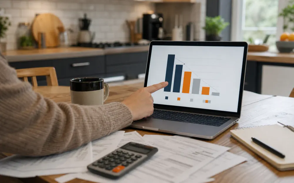 Une calculatrice, des factures papier et un graphique d'économies télé mensuelles sur un ordinateur portable