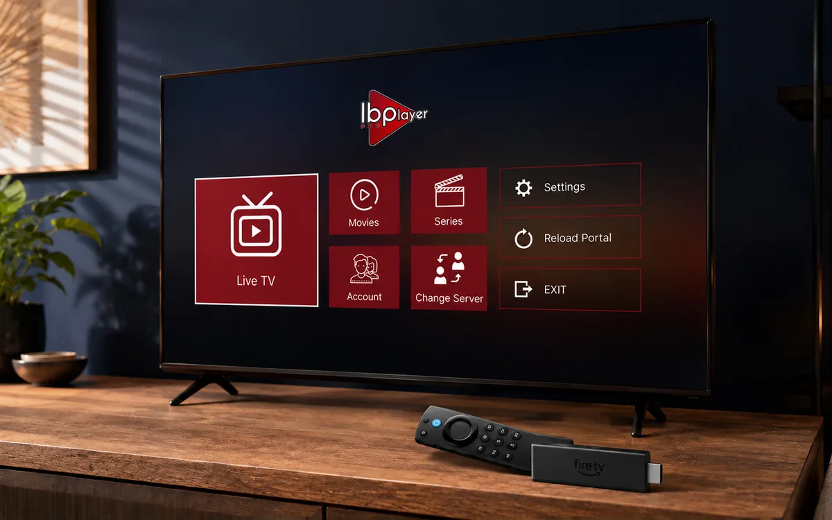 Firestick remote and IPTV setup screen on a smart telly