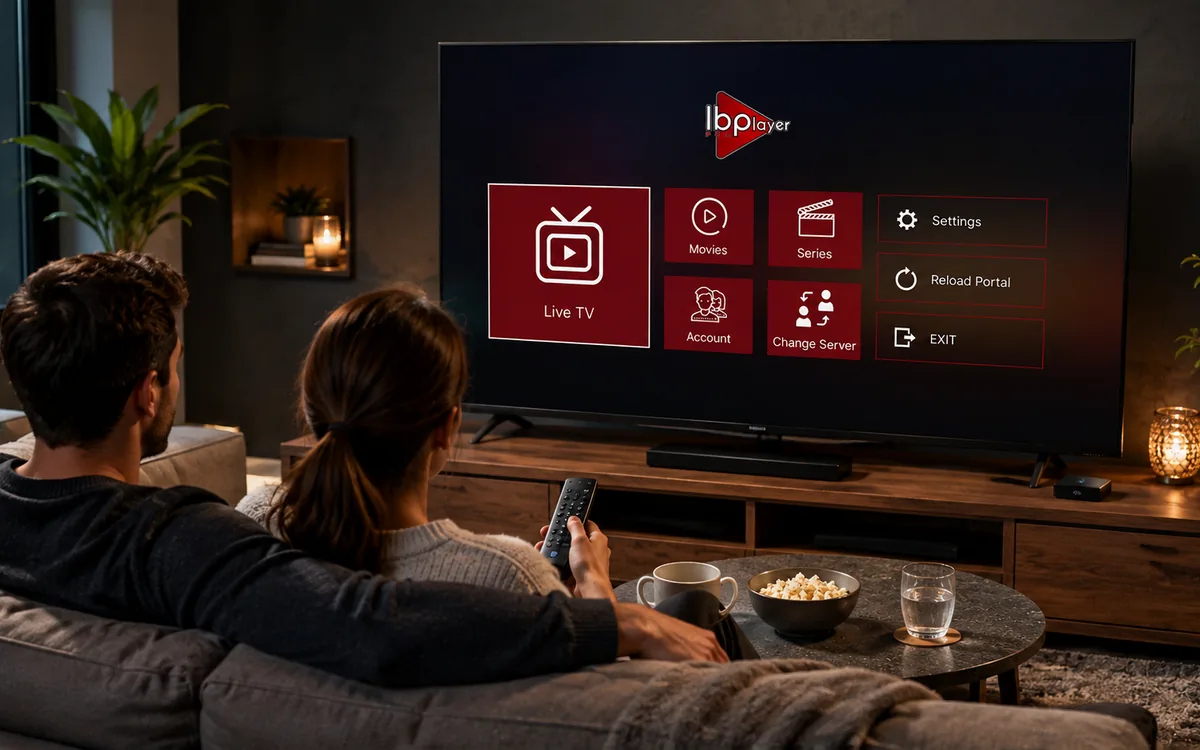 Irish couple choosing IPTV on a smart telly in a modern sitting room