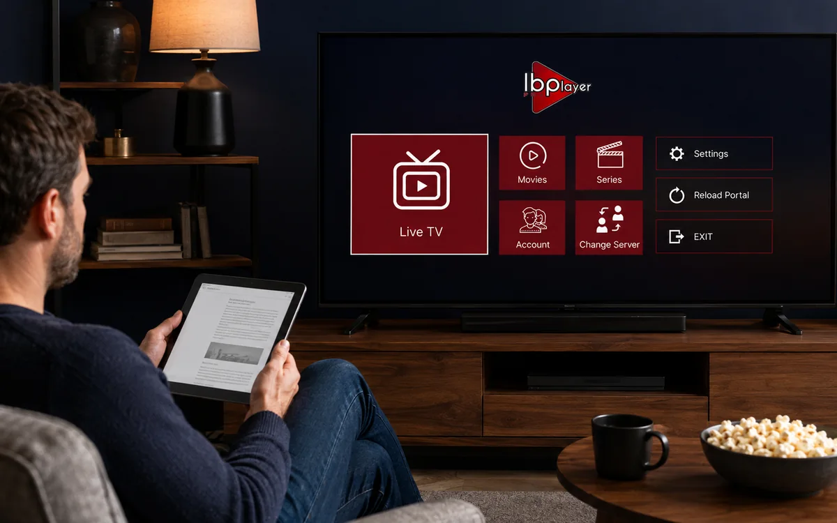 Viewer comparing IPTV channel tiles on a tablet and smart telly