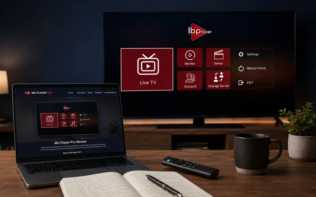 Irish IPTV review setup with laptop, notes, and smart telly in the background
