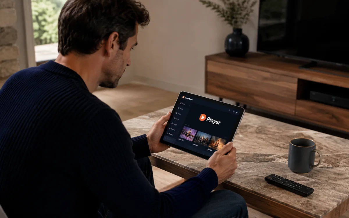 Viewer checking legitimate IPTV options on a tablet in a modern living room