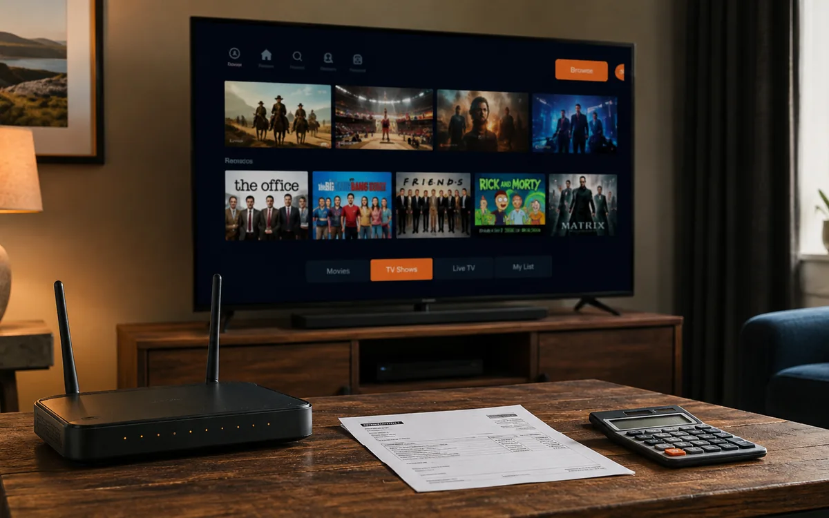 Broadband bill, router, calculator, and smart telly for an Irish bundle comparison