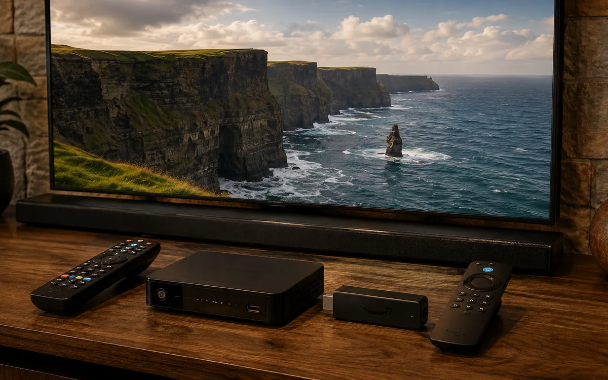 Irish sitting room comparing free telly channels with IPTV streaming tiles